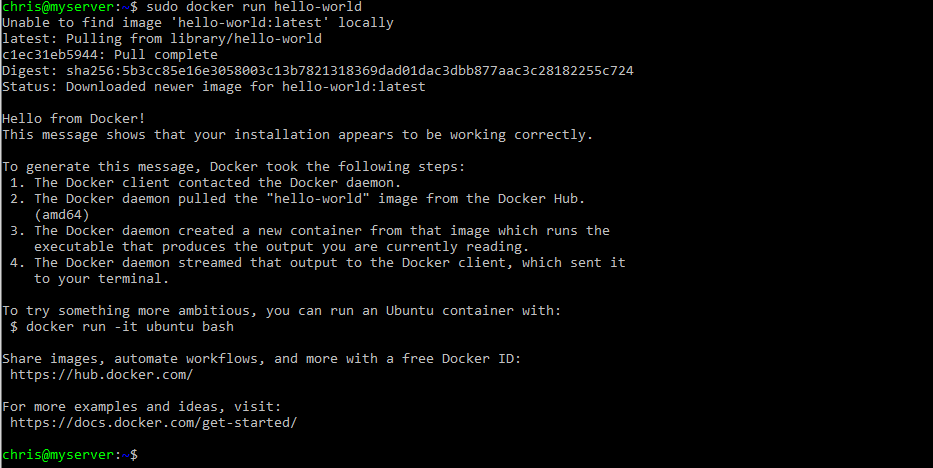 The output of Docker's Hello World container