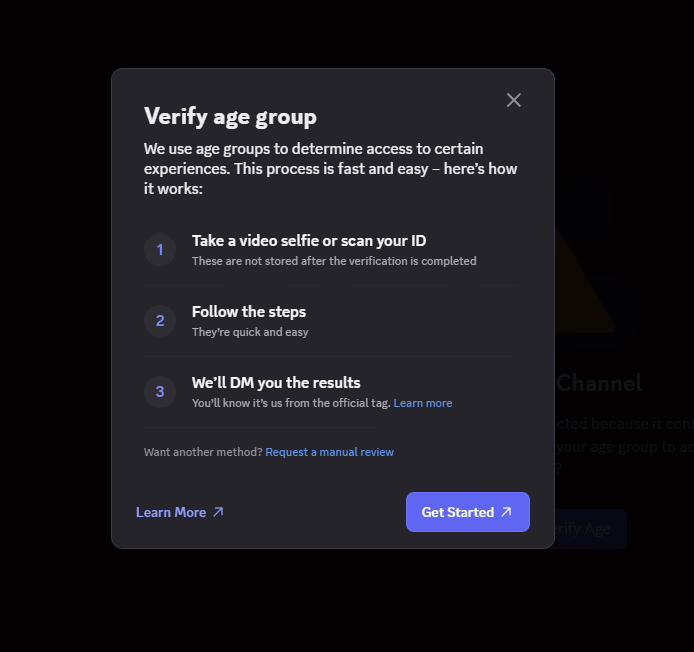Discord age verification dialogue box