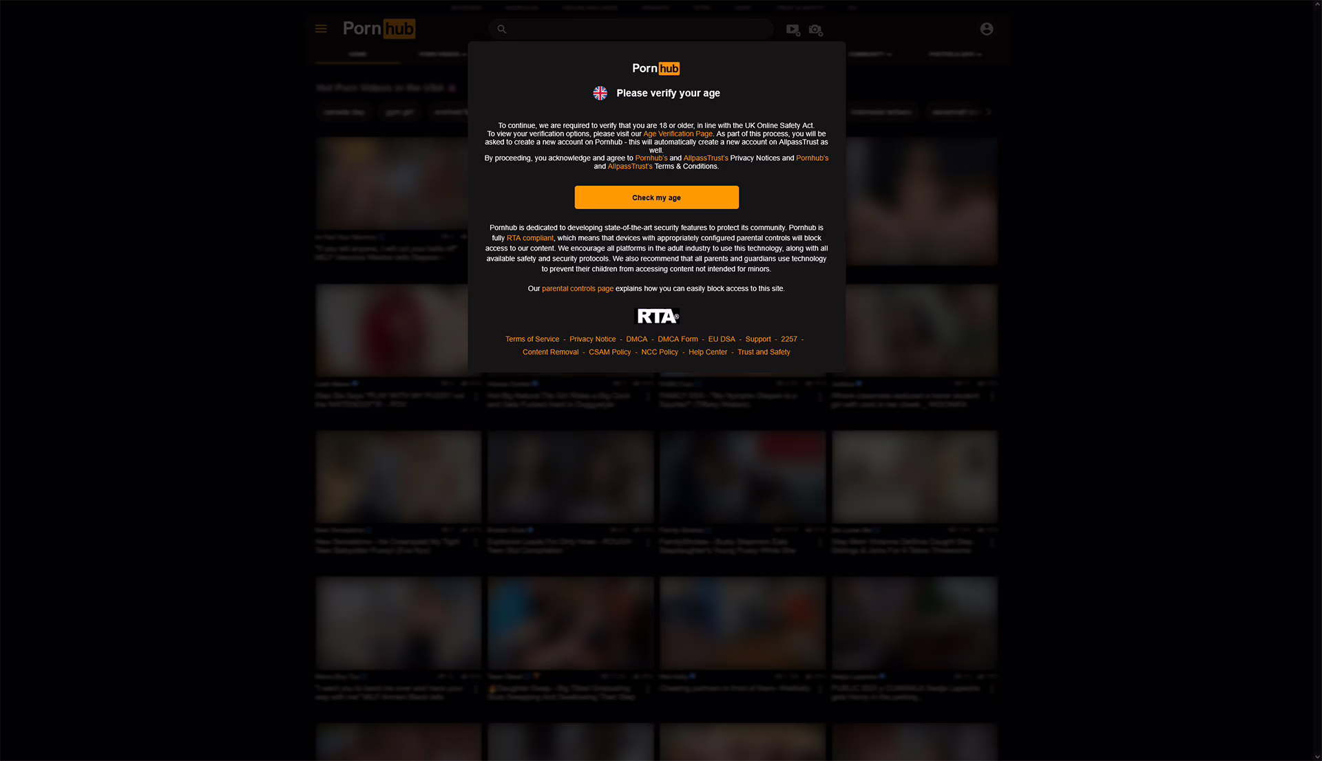 Pornhub homepage showing age gate warning