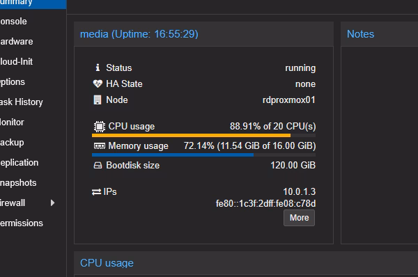 The VM I'm running PeerTube on, showing nearly 90% utilisation of 20 CPU threads