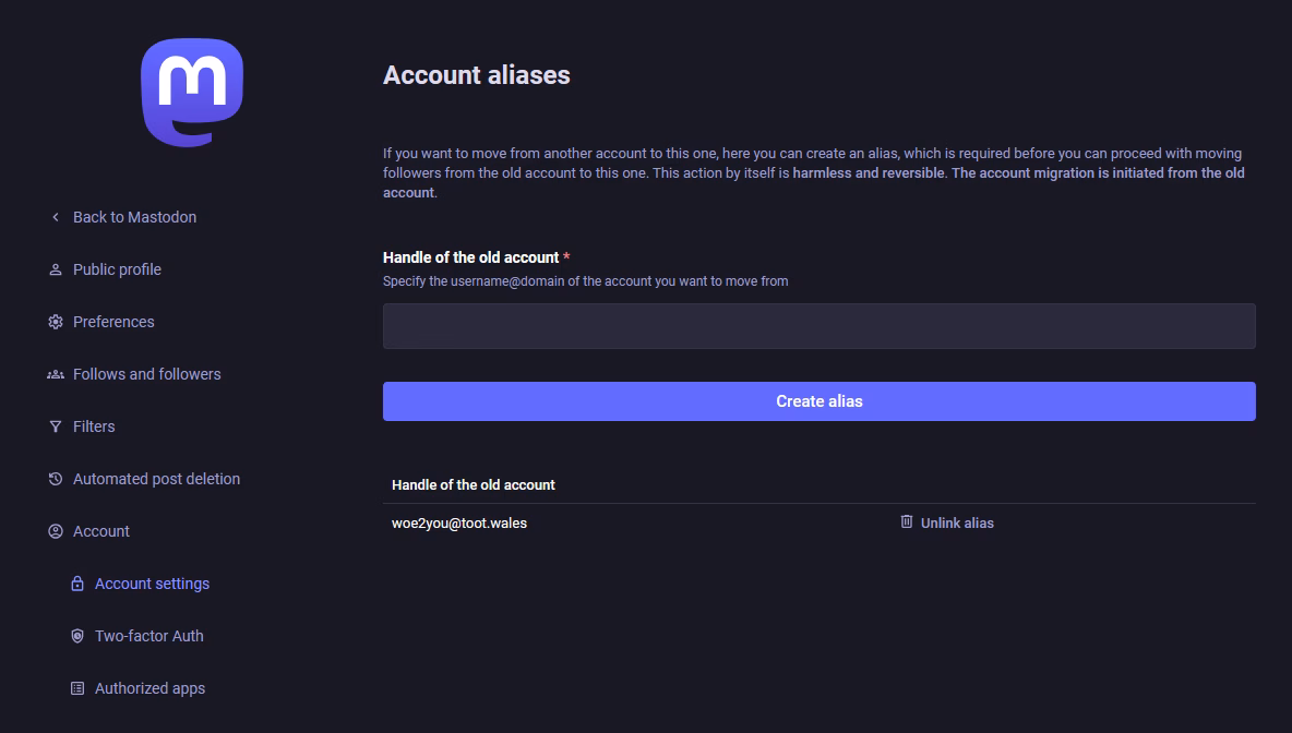 Screenshot of the account settings of the destination account, showing the alias